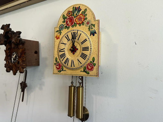 Antique Hermle Mini Wall Clock in perfect condition with floral design and pendulums.