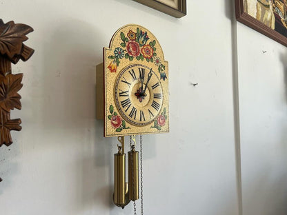 Collectible Antique Hermle Mini Wall Clock with Decorative Floral Design in Perfect Condition