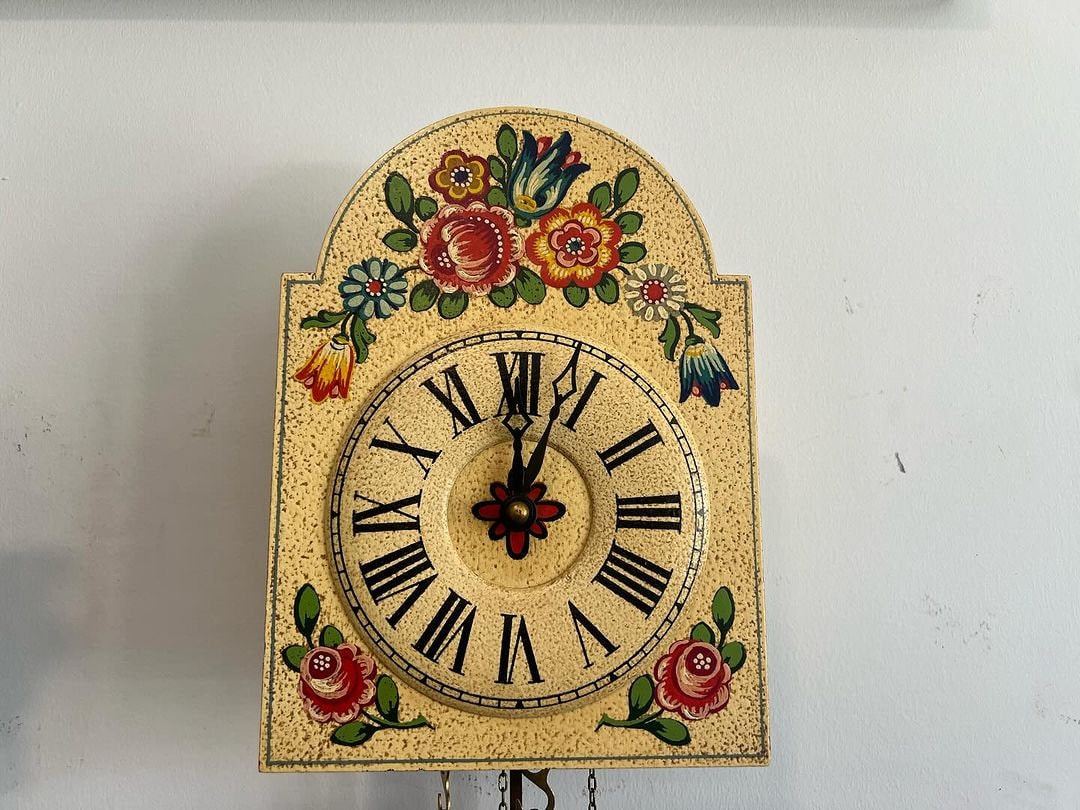 Collectible Antique Hermle Mini Wall Clock with Floral Design and Roman Numerals