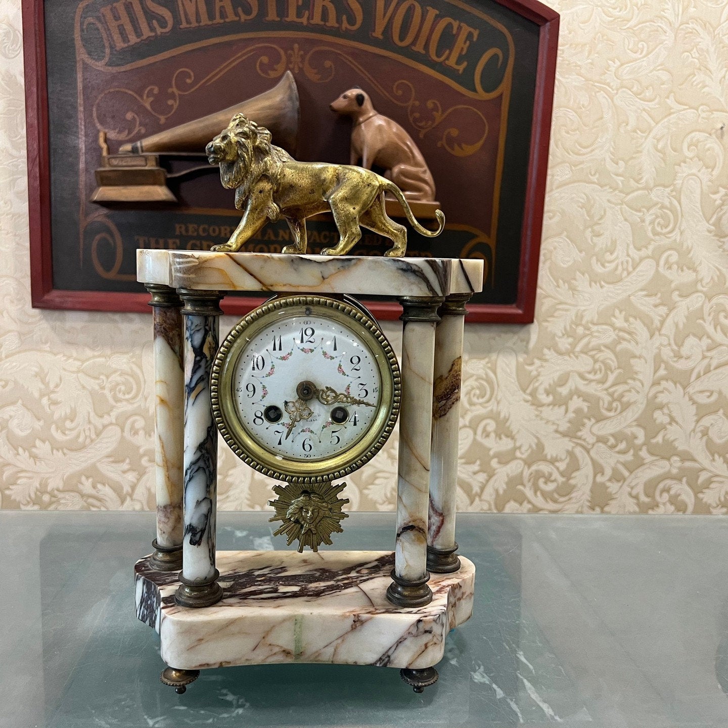Antique French Marble Base Mantel Clock with Lion Figurine - Exquisite Collectible