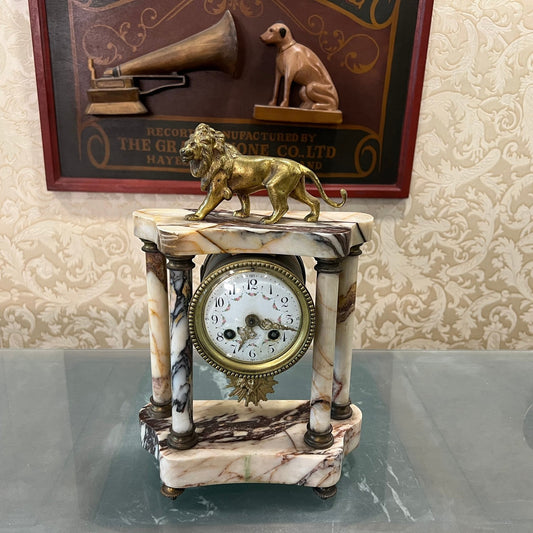 Collectible Antique French Marble Base Mantel Clock featuring Ornate Lion Design in Perfect Condition
