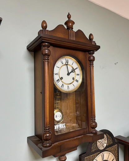 Antique German Wall Clock with Key Wind and Gong Chime | 58x28 cm | Collectible Vintage Timepiece