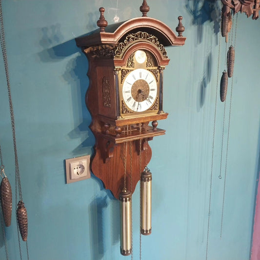 Collectible Antique Dutch Chain-Wound Wooden Case Clock - Hourly Gong Strikes, Perfect for Collection or Daily Use