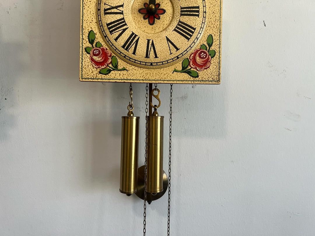 Collectible Antique Hermle Mini Wall Clock with Floral Design and Weights