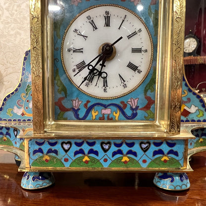 Collectible Antique Enamel Brass Quartz Clock with Intricate Design in Perfect Condition