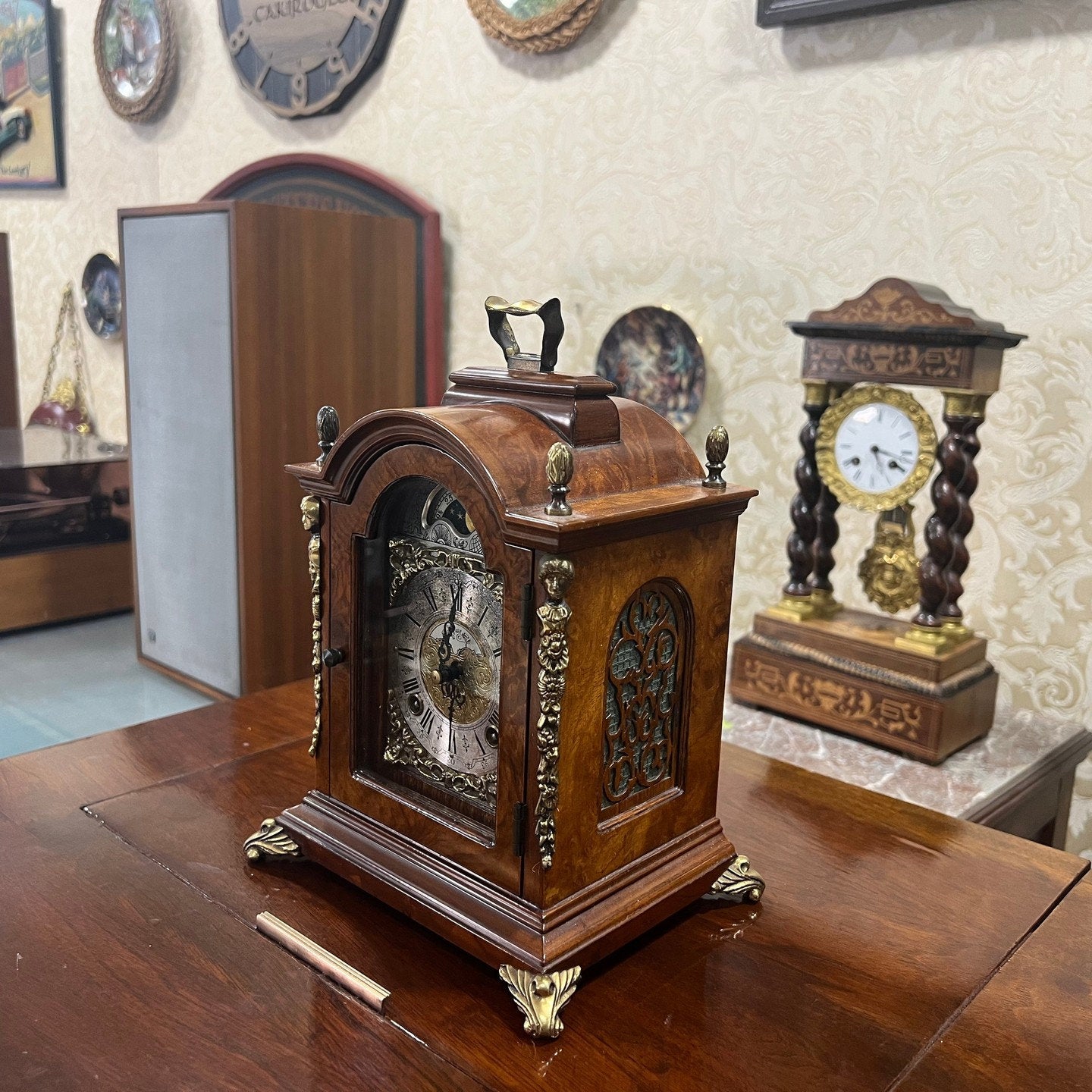 Antique Hermle Double Wind Wood Mantel Clock in perfect condition displayed on wooden table