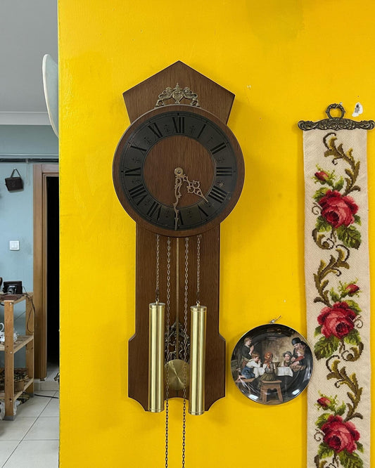 Antique German Wall Clock with Chain Wind and Gong Chime | 80x27 cm | Collectible Vintage Timepiece