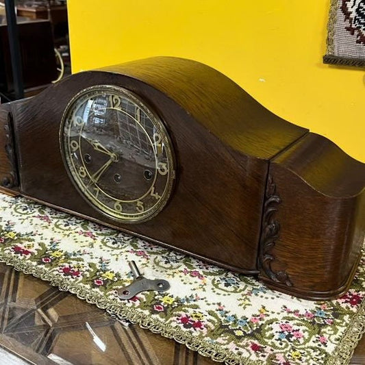 Antique Hermle Mantel Clock with Triple Wind-Up Mechanism and Gong Chime | 56x22 cm | Wooden Case | Collectible Vintage Timepiece